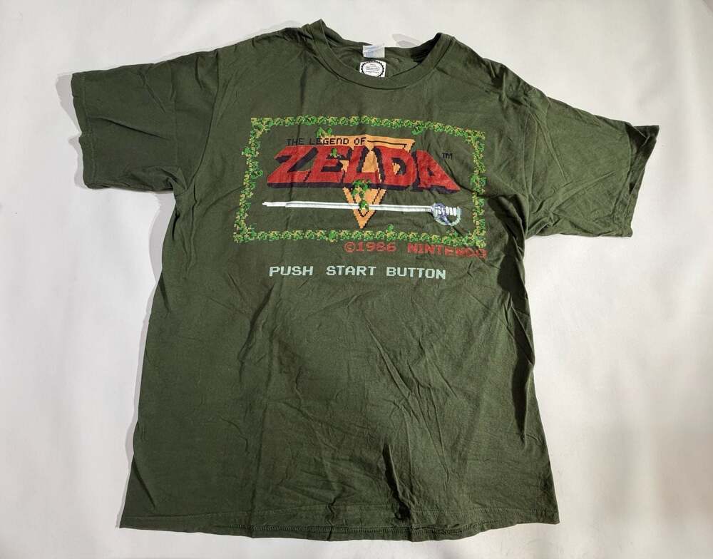 Legend of Zelda T-Shirt Nintendo 1986 Push Start Button Mens L Green